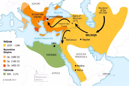 **Map showing the expansion of the Seljuk Turks from Asia to Anatolia**