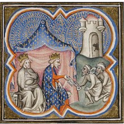 **Philip (centre) and King Richard I of England accepting the keys to Acre                        (illumination on parchment, c. 1375-1380)**