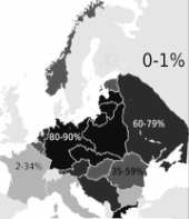 **Map showing the Jewish Holocaust death toll as a percentage of the total pre-war Jewish population**