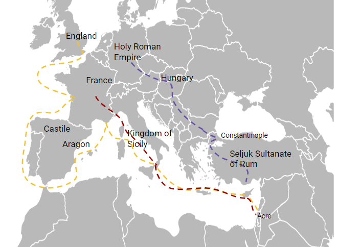 **Map showing the routes of Frederick I, Philip II and Richard I during the Third Crusade**