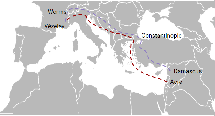 **Map showing the routes of Louis VII and Conrad III**