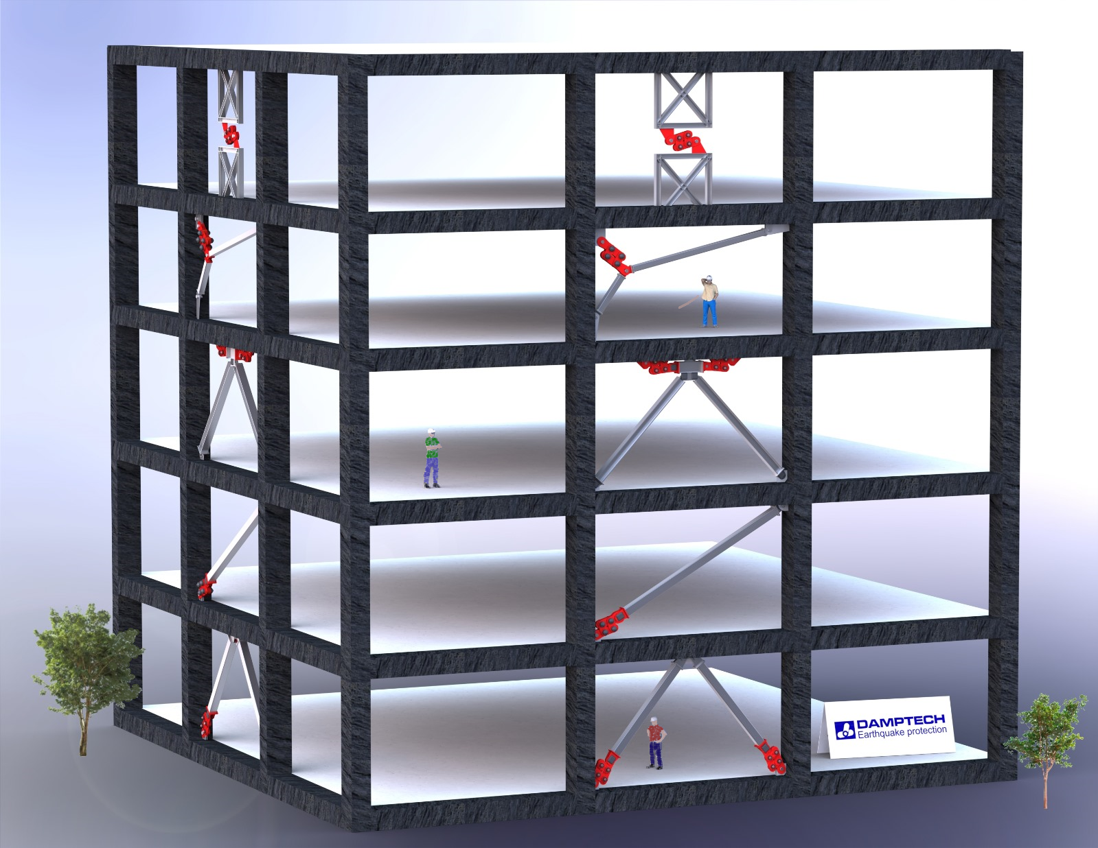 A building with steel frames to protect against earthquake damage