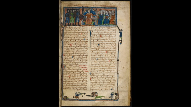 **A miniature showing a mediaeval king holding a sword and a charter**