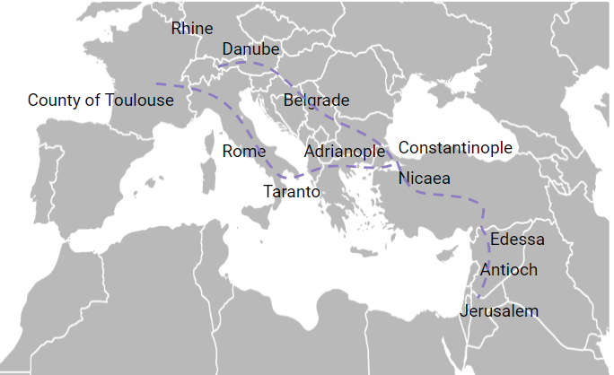 **Map showing the main routes of the First Crusade, 1096-1099**