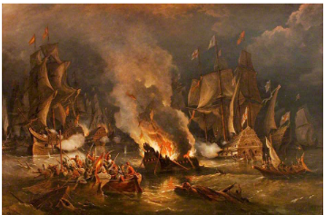 **The Spanish Armada driven out of Calais by fire**