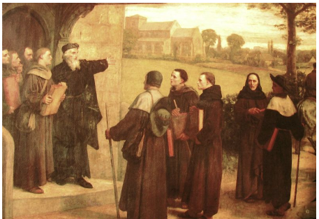 **A 19th-century illustration showing reformer John Wycliffe giving the Bible translation to his followers, Lollards**