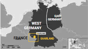 **Map showing the location of Saarland between West Germany and France**