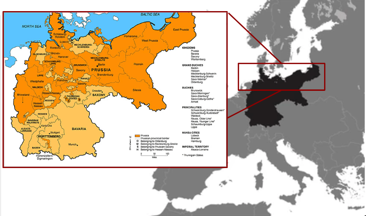 Map showing the position of the German Empire in Europe.