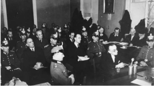 **Participants in the July 1944 plot to assassinate Hitler and members of the 'Kreisau Circle' resistance group on trial before the People's Court. Pictured are Dr. Franz Reisert, Dr. Theodor Haubach, Graf von Moltke, Theodor Steltzer and Dr. Eugen Gerstenmaier**
