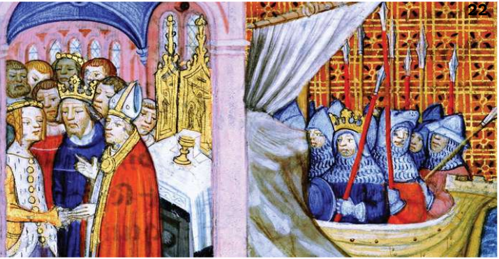 **Eleanor of Aquitaine marrying Louis VII in 1137 (left scene) and Louis VII departing on the Second Crusade (1147), drawing from** _**Les Chroniques de Saint-Denis**_**, late 14th century.**