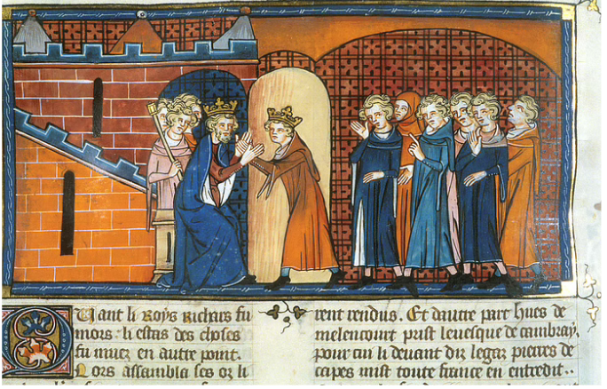 **An illumination from a 14th-century CE manuscript of the 'Grandes Chroniques de France', depicting King John of England (r. 1199-1216 CE) paying homage to Philip II of France (r. 1180-1223 CE).**