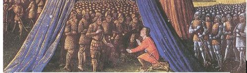 **Balian of Ibelin surrendering the city of Jerusalem to Saladin, from** _**Les Passages faits Outremer par les Français contre les Turcs et autres Sarrasins et Maures outremarins**_**, c. 1490**