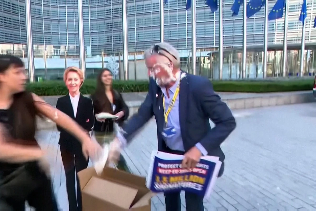 Ryanair CEO Michael O'Leary hit with a pie while demonstrating outside the European Commission 