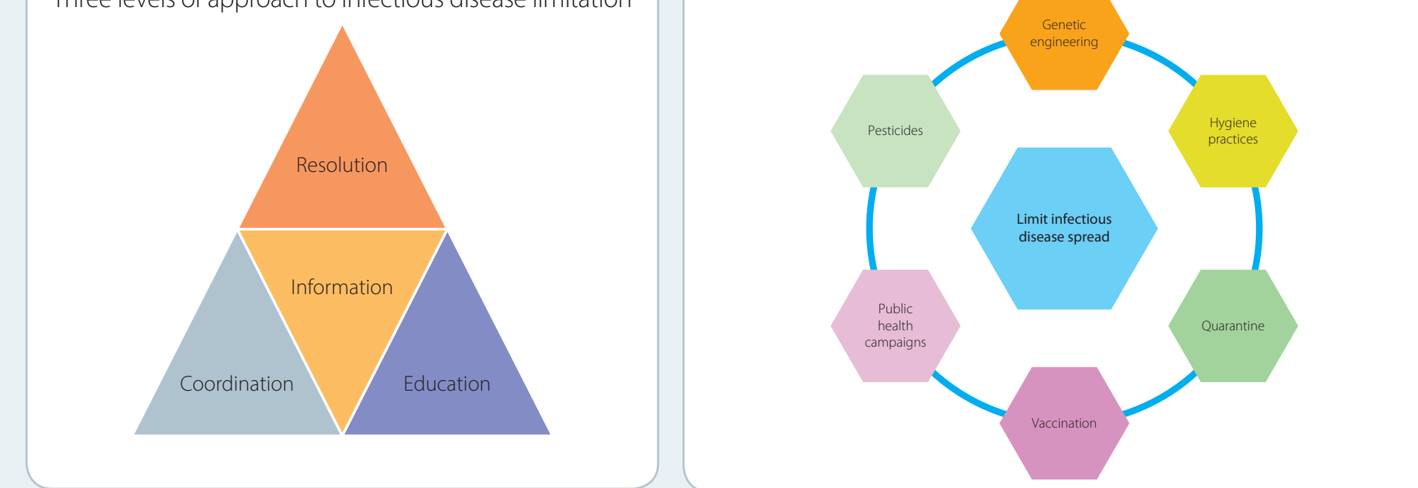 Diagram listing proposed solutions to common challenges in disease control at local, regional, and global levels.