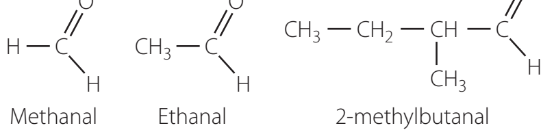 Set of structural line diagrams for formaldehyde, acetaldehyde, and benzaldehyde showing key structural attributes.