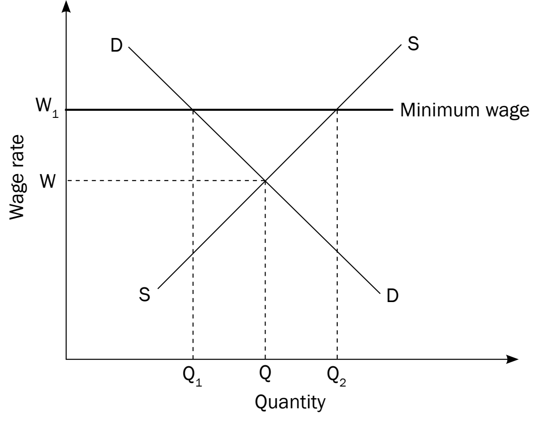 Graph showing the effect of minimum wage on supply and demand in the labour market.