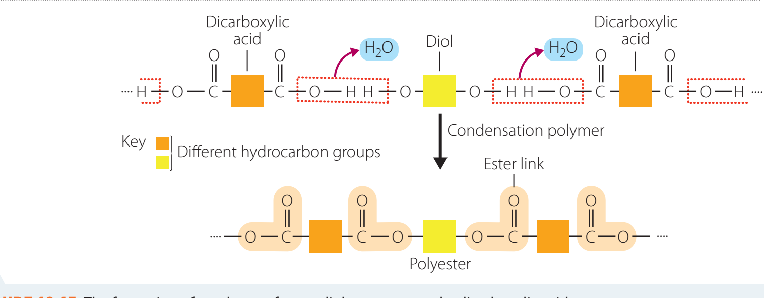 Diagram comparing addition and condensation polymerisation processes, exhibiting reactant, condition, and by-product differences.