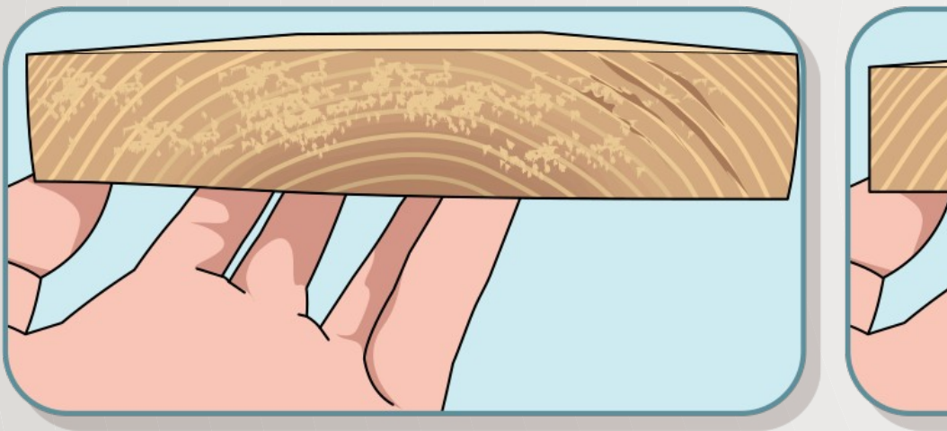 An illustration of a hand holding a piece of wood with visible grain patterns. The wood is depicted with a slightly diagonal view, showing the side and a small portion of the top surface. The background is a light blue, and the image is framed with rounded edges.