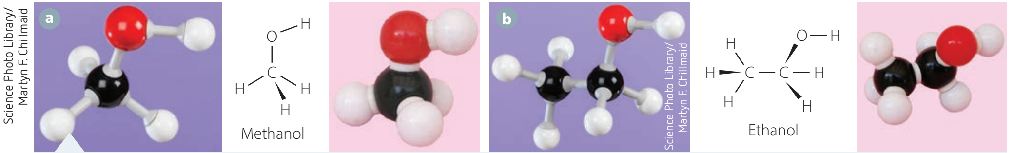 Diagram of the structural formulae of methanol and ethanol to illustrate primary alcohols.